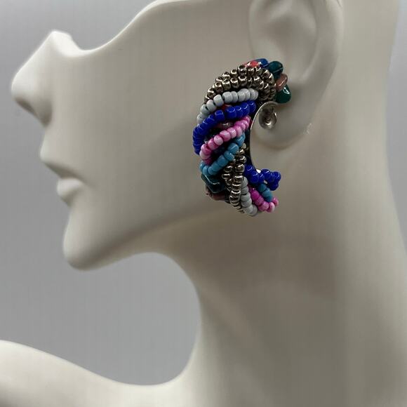 Vintage Earrings-Beaded Half Hoop- Turquoise-Coral-Hematite- Twirled Beads - Picture 1 of 5